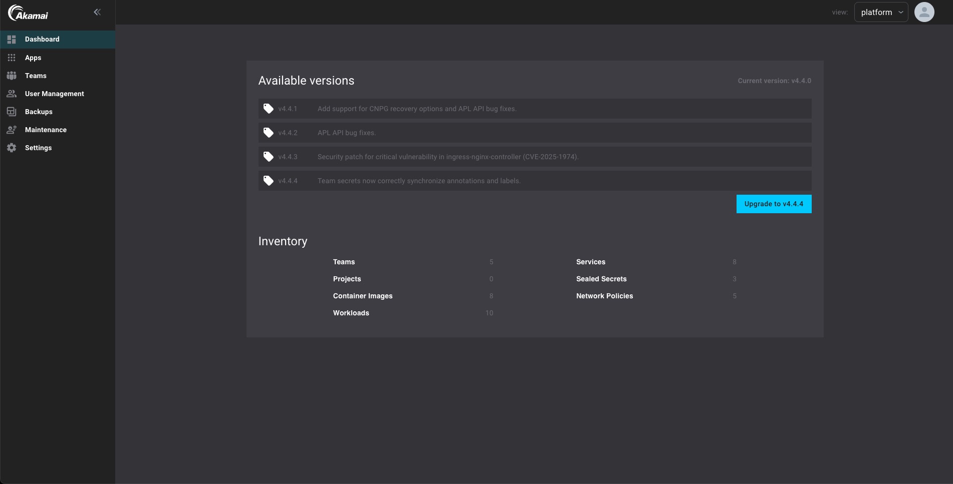 Upgrade through the dashboard